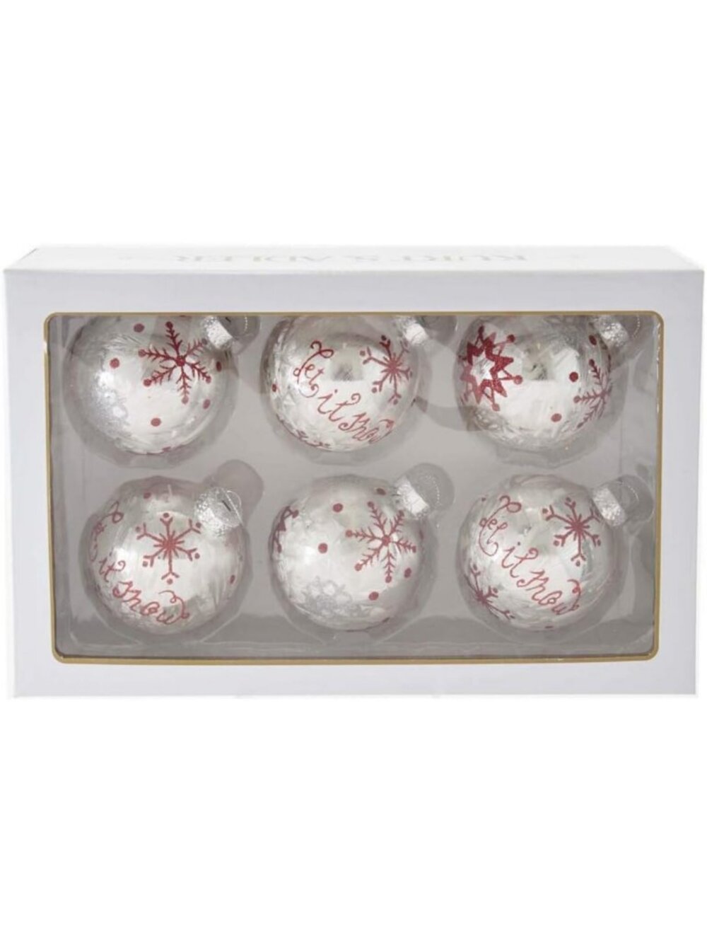 Set of 6 Red Snowflake Glass Ball Ornaments - 80MM Silver Holiday Decor